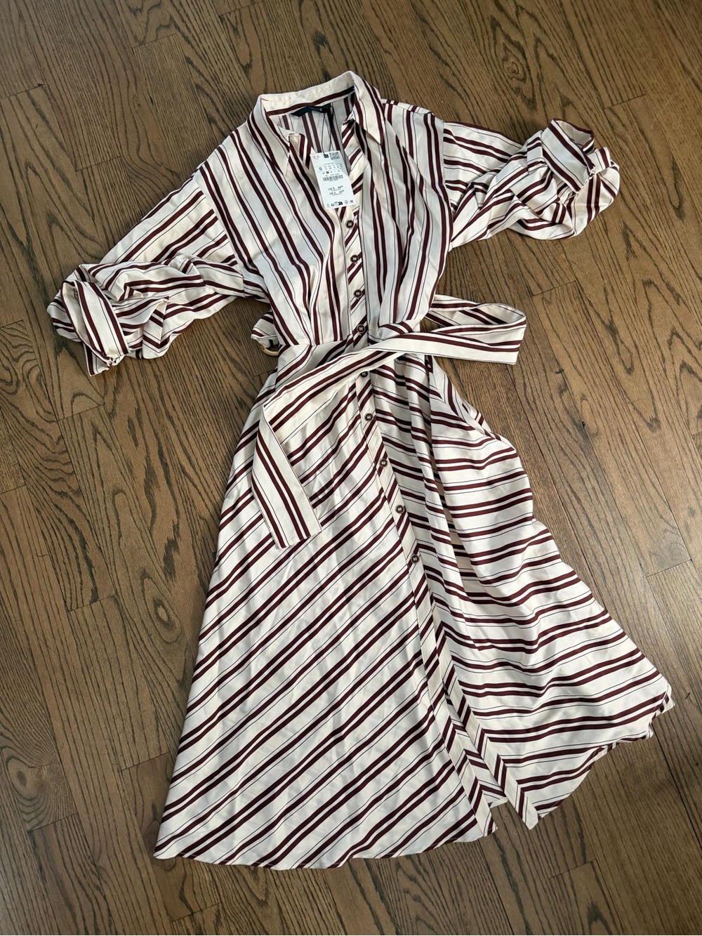 Zara Cream Midi Shirt Dress with Burgundy Stripes